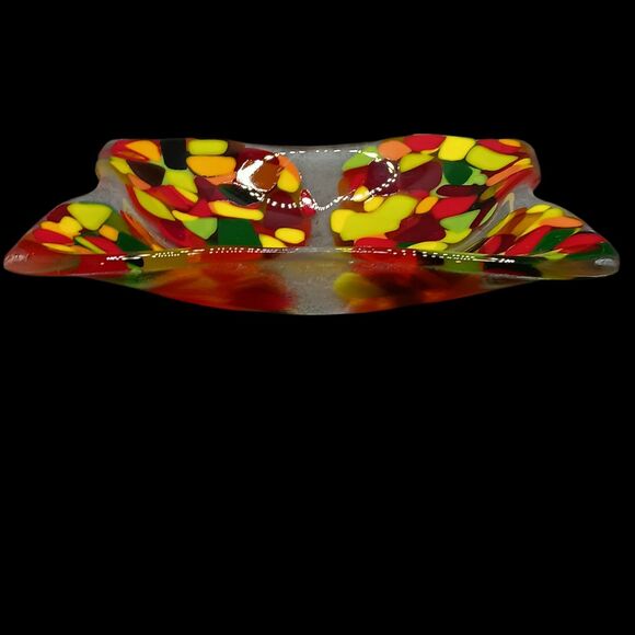 Fused Glass Trinket Dish Catchall Tray Square Red Orange Yellow Green MCM Style - Picture 2 of 12